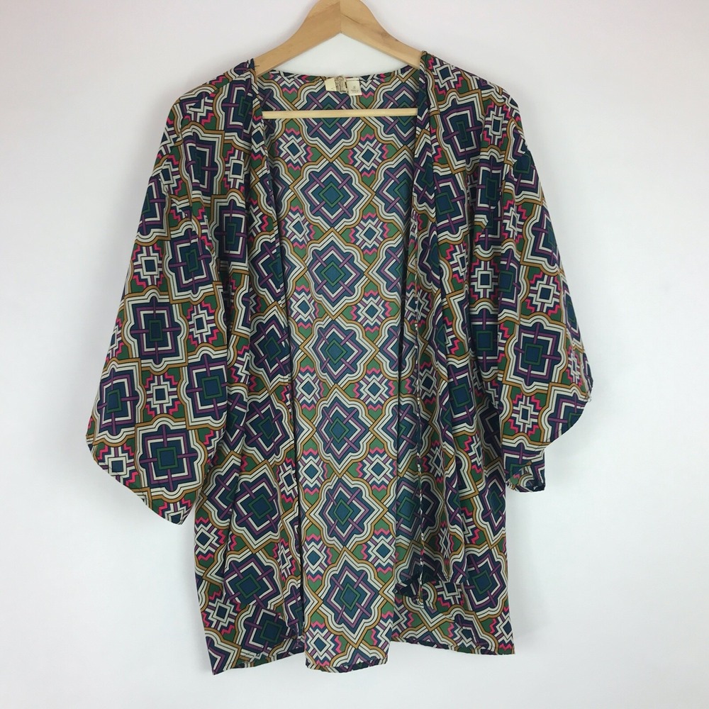 Francesca Bird Cage Top Womens S Open Front Kimono Sleeve Cardigan Woven Printed